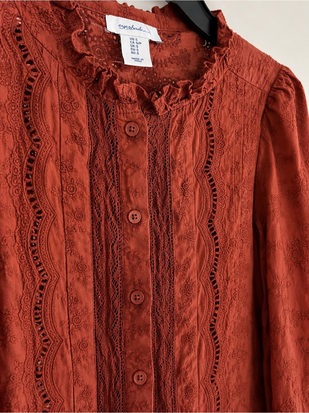 Calypso St. Barth Rust Button-Front Lace Classy Blouse - Picture 5 of 7